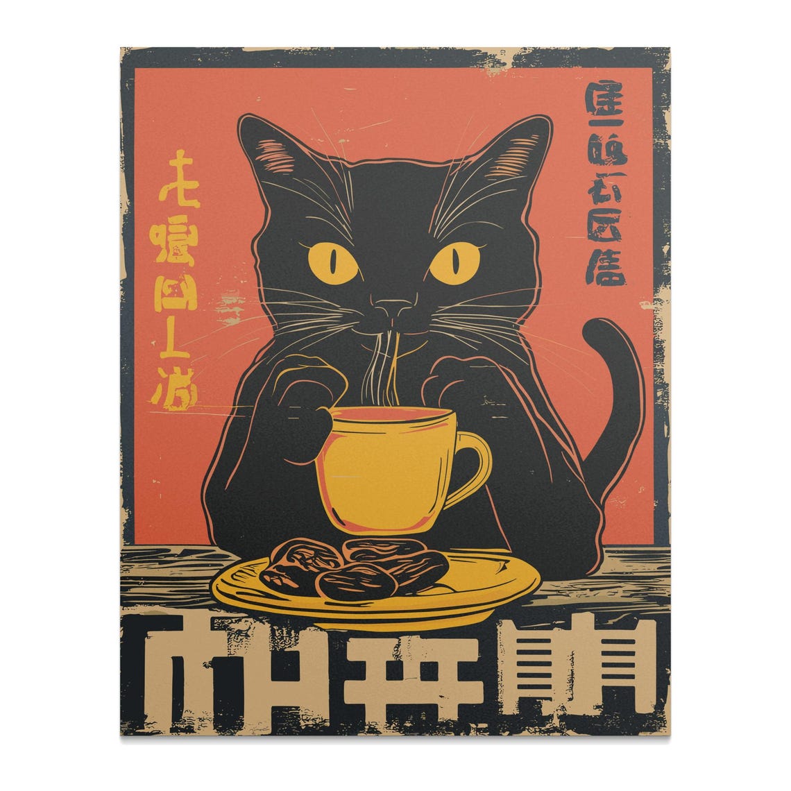Black Cat Sipping Hot Tea Steaming Cup Retro Japanese Cat Poster - Image 2