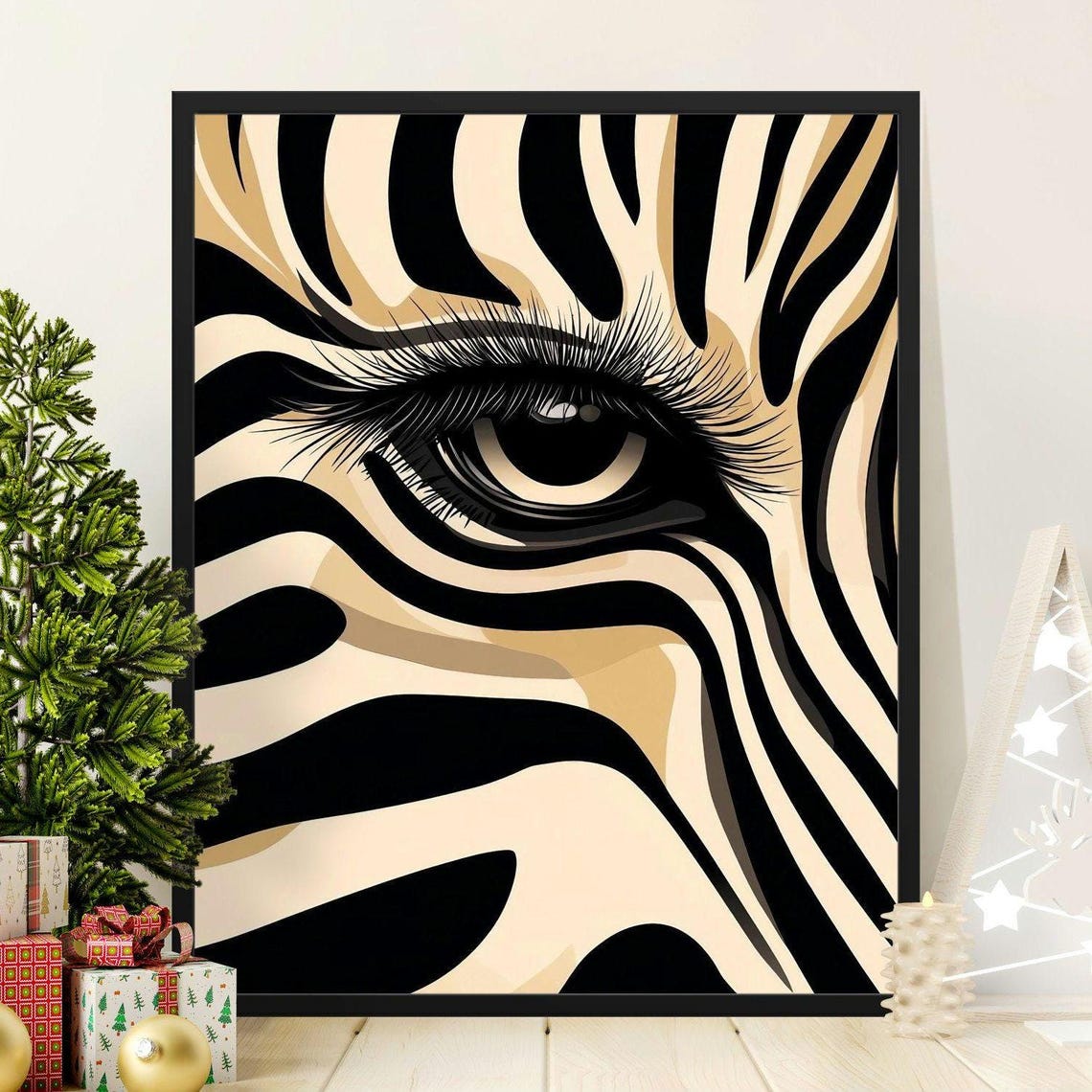 Bold Zebra Eye Stylized Animal Poster With Black Cream Graphic Stripes