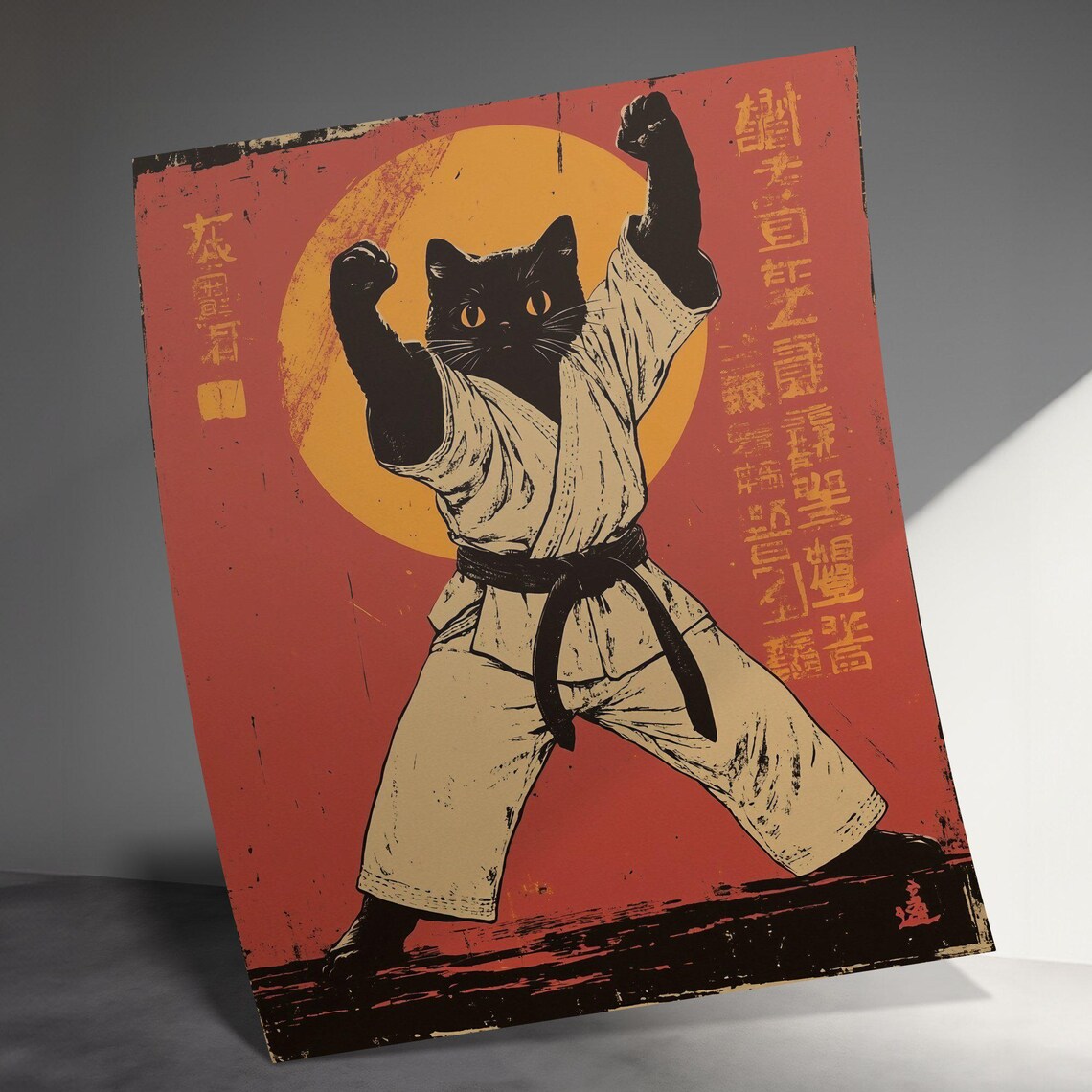 Fierce Black Cat Karate Stance Retro Japanese Martial Arts Fighter Poster - Image 3