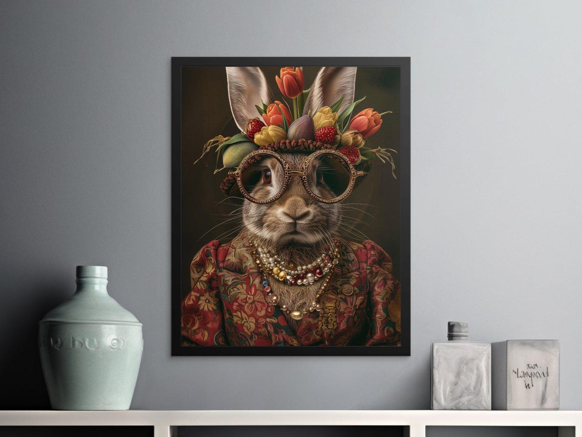 Rabbit With Ornate Glasses and Tulip Headdress Boho Style Poster - Image 3