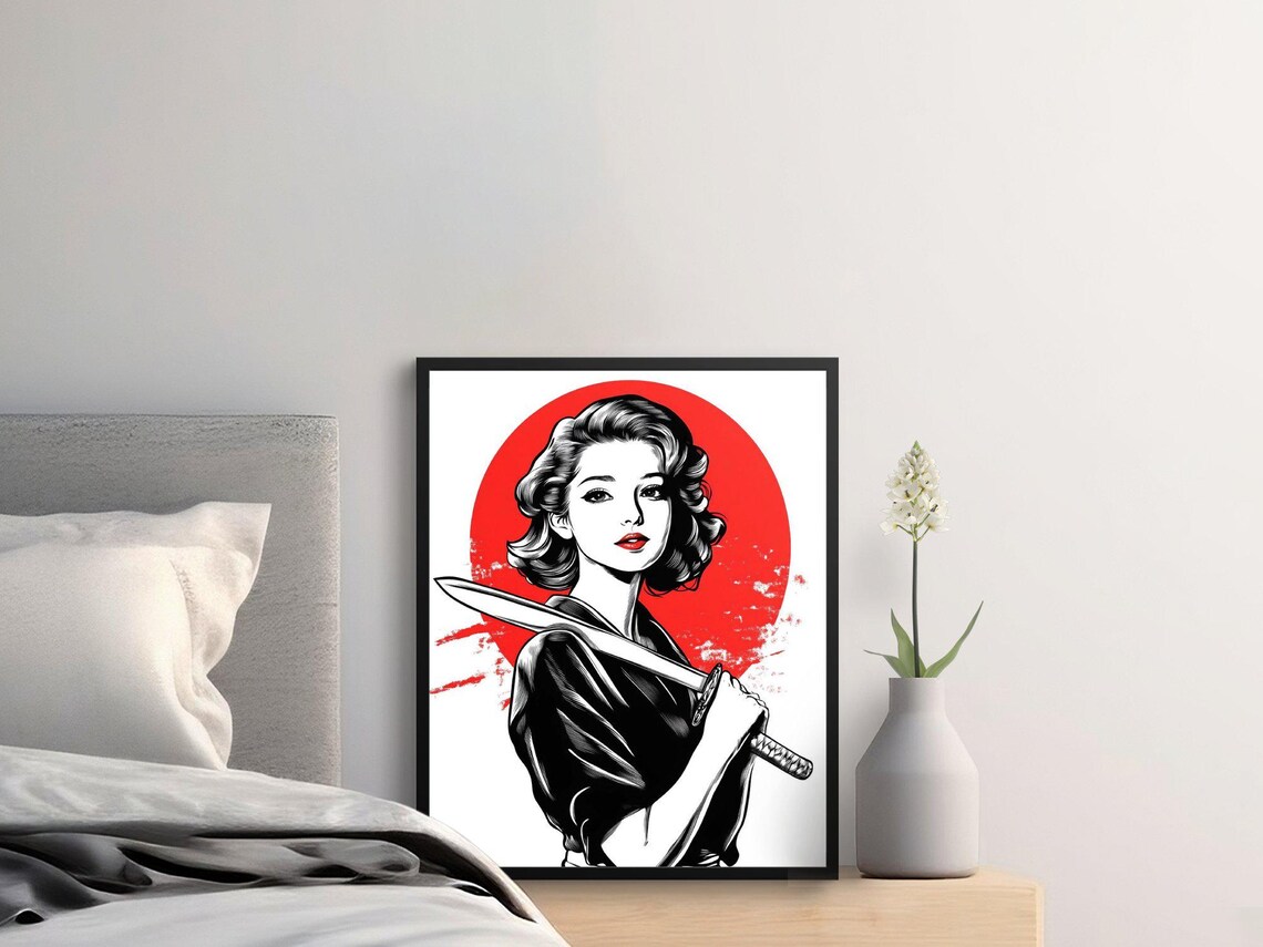 Samurai Woman With Katana Red Sun Disc Bold Japanese Graphic Poster - Image 2