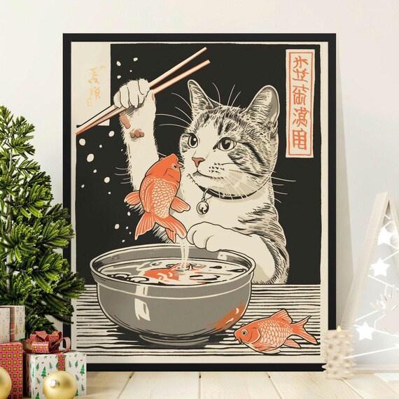 Cute Cat Fishing Goldfish With Chopsticks Japanese Style Kitchen Art Poster