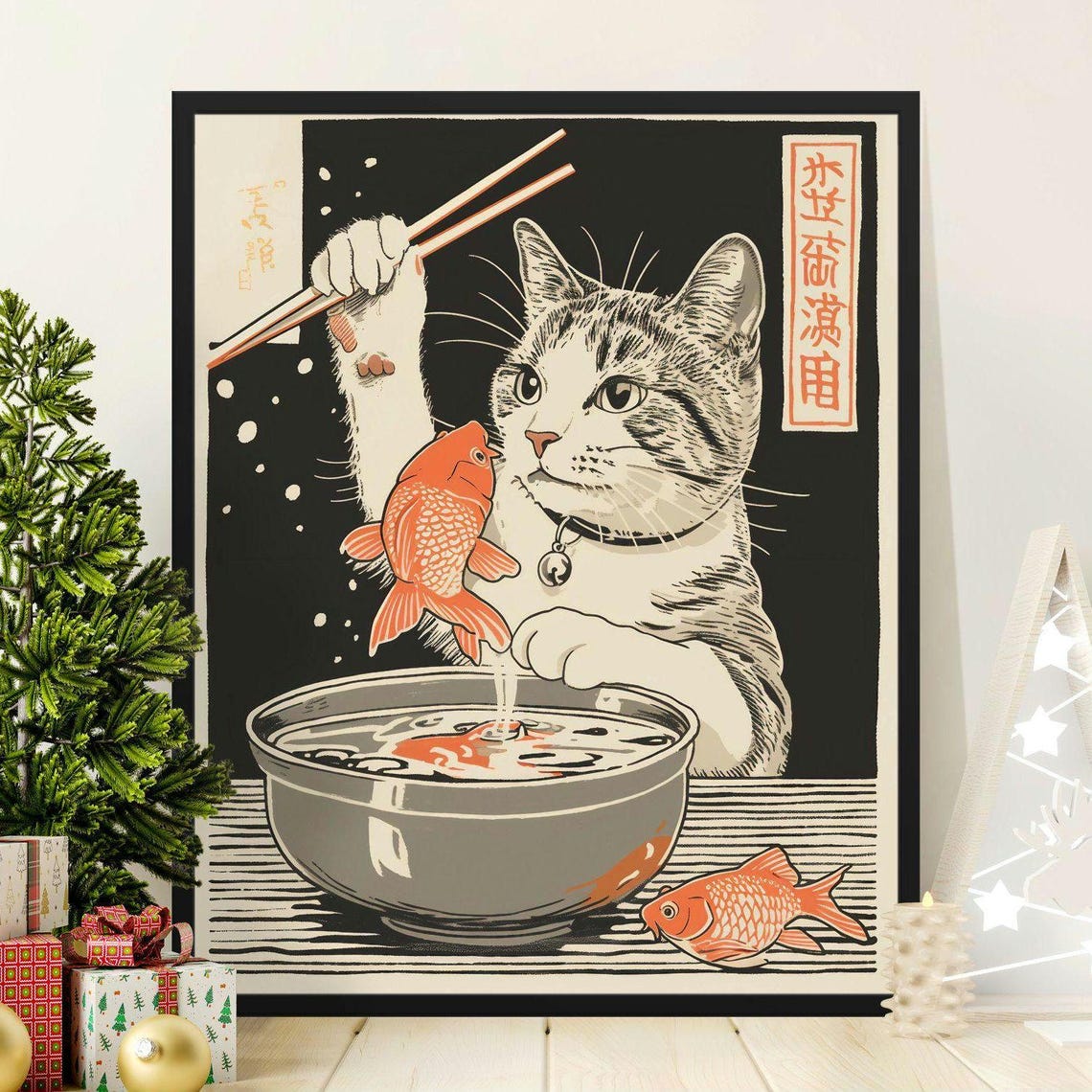 Cute Cat Fishing For Koi Poster Japanese Style Cat And Goldfish Art Print Adorable Feline Fishing Decor Cat Lover Gift Wall Art