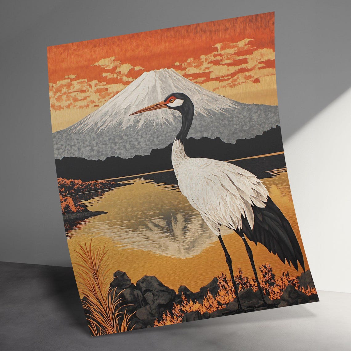 Red Crowned Crane Lake Mount Fuji Reflection Sunset Vintage Poster - Image 3