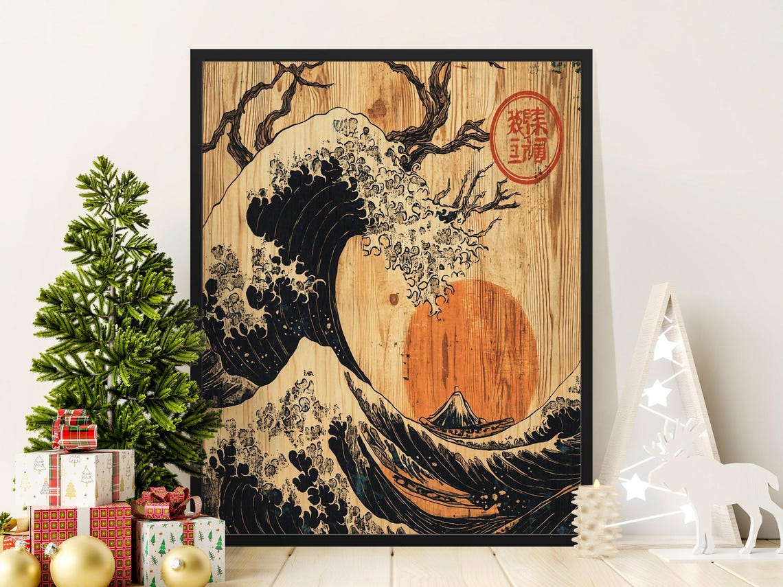 Japanese Great Wave On Wood Grain Red Sun Woodblock Art Poster