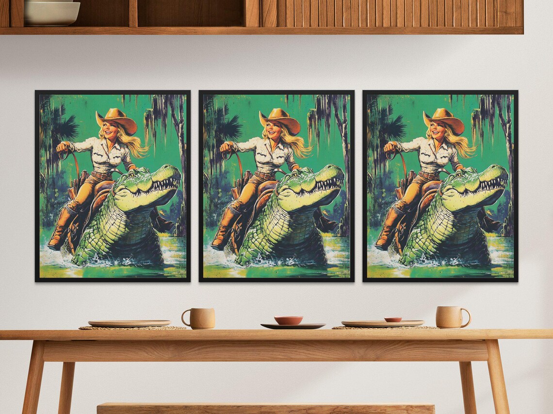 Cowgirl Riding Alligator Retro Western Swamp Adventure Fun Poster - Image 2