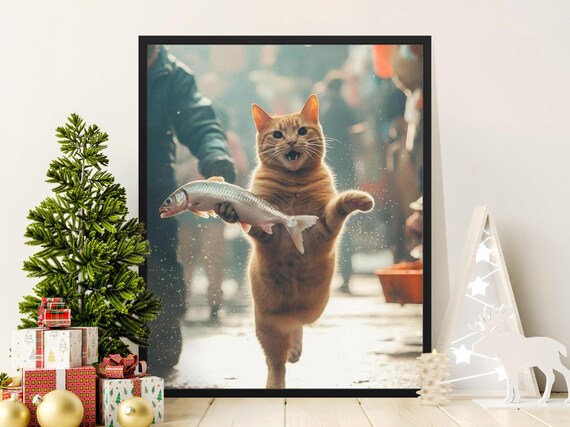 Orange Tabby Cat Stealing Fish Funny Market Heist Cat Wall Art Poster