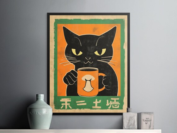 Grumpy Black Cat Holding Coffee Mug Vintage Japanese Style Cat Lover Poster
