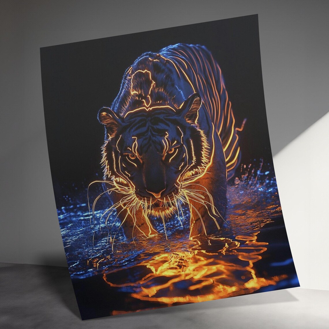 Neon Tiger Walking Through Water Night Glowing Jungle Wildlife Wall Art - Image 3