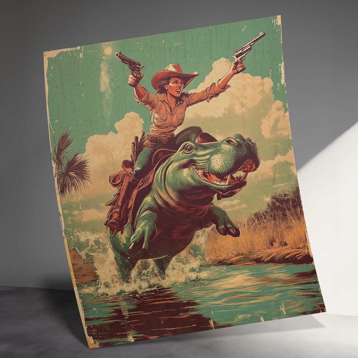 Retro Cowgirl Riding Hippo River Splash Dual Pistols Western Adventure Poster - Image 3