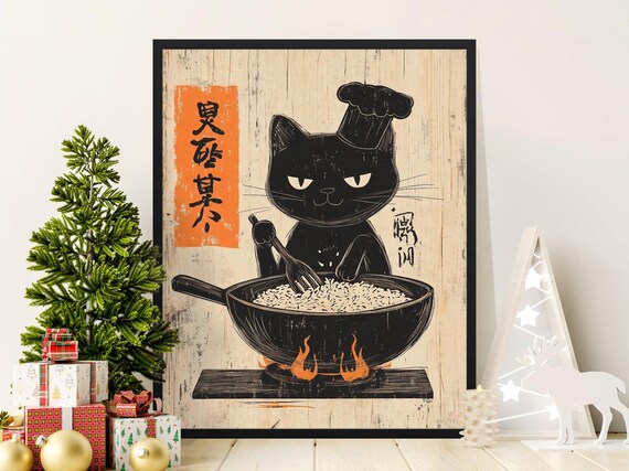 Black Cat Chef Stirring Rice Pan Flames Japanese Kitchen Poster