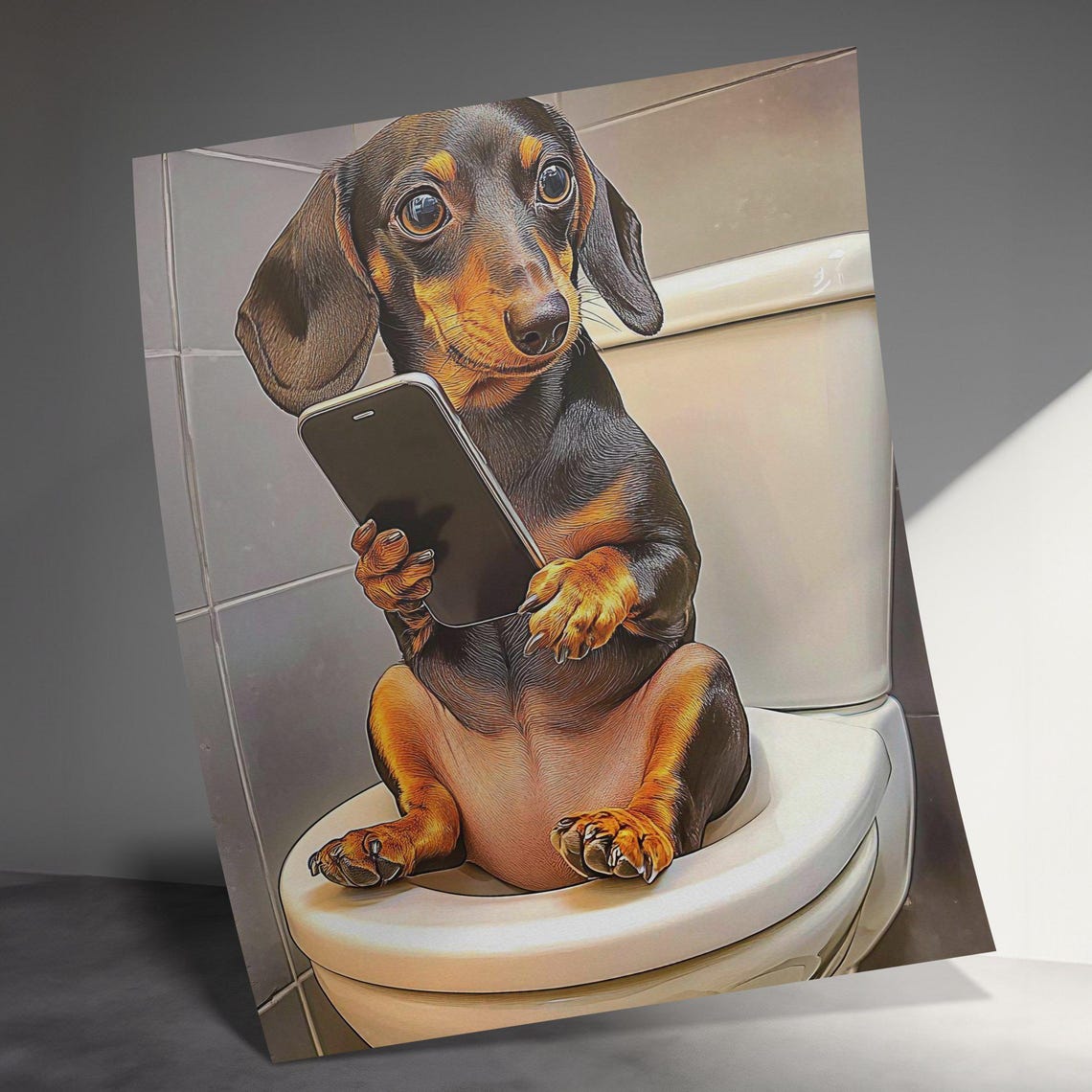 Dachshund On Toilet Holding Phone Funny Bathroom Dog Poster Art - Image 3