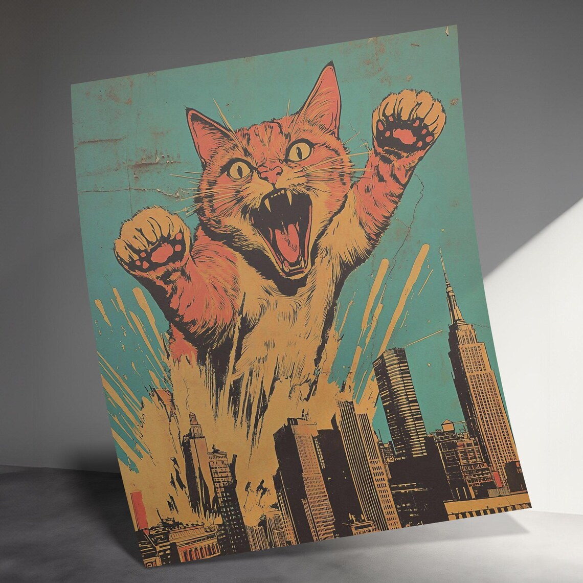 Giant Orange Cat Attacking City Skyline Retro Monster Movie Poster - Image 3