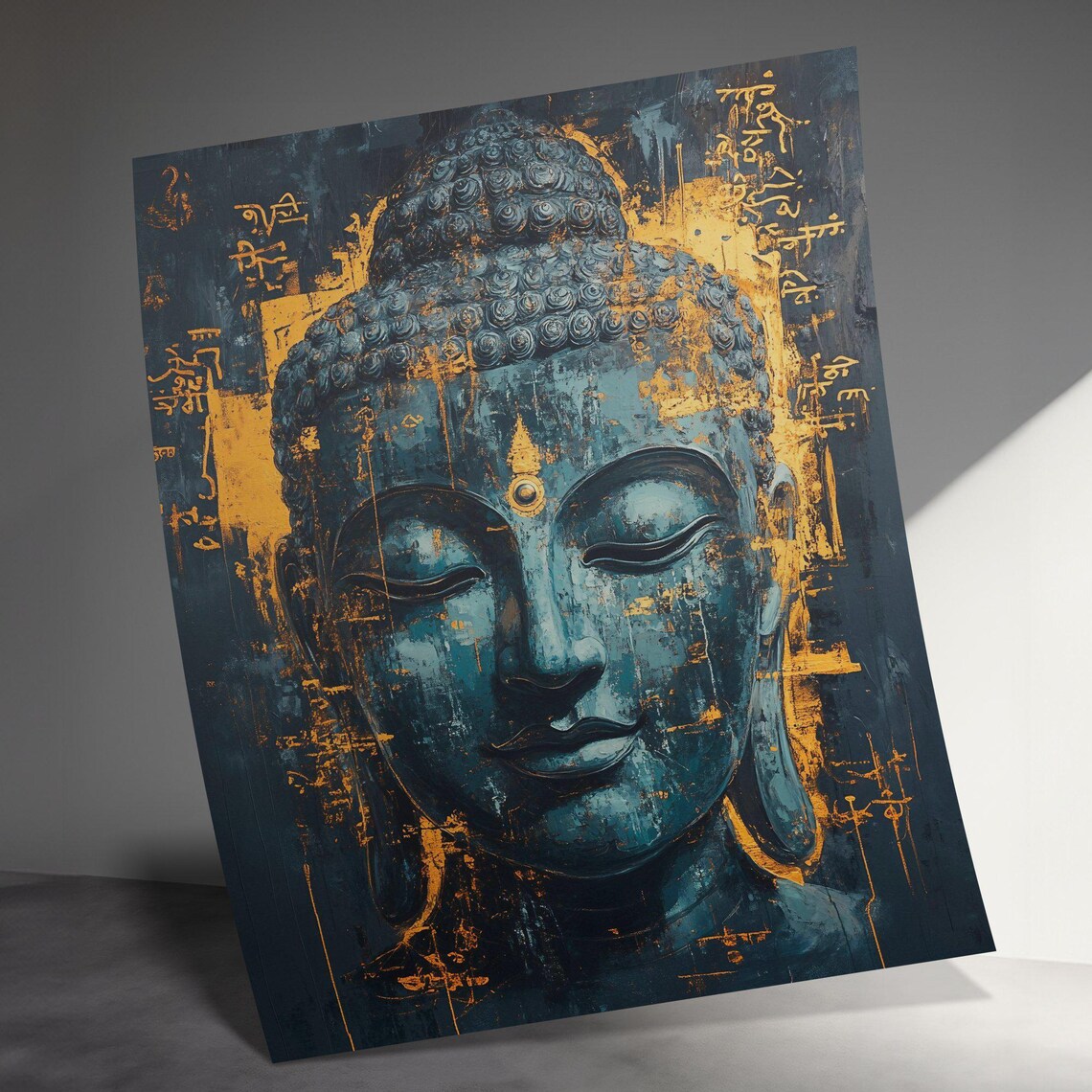 Peaceful Buddha Face Meditation Zen Blue Gold Spiritual Wall Art - Image 2