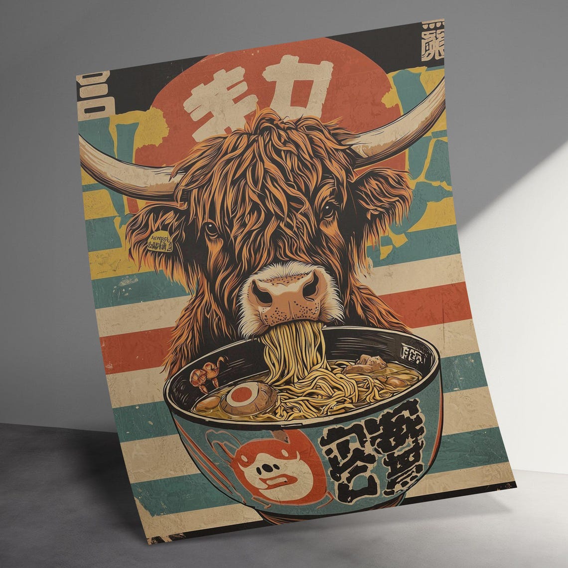Highland Cow Eating Ramen Japanese Retro Style Funny Wall Art - Image 3
