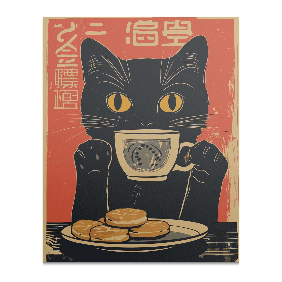Black Cat Drinking Tea Retro Japanese Poster With Cookies Wall Art - Image 2