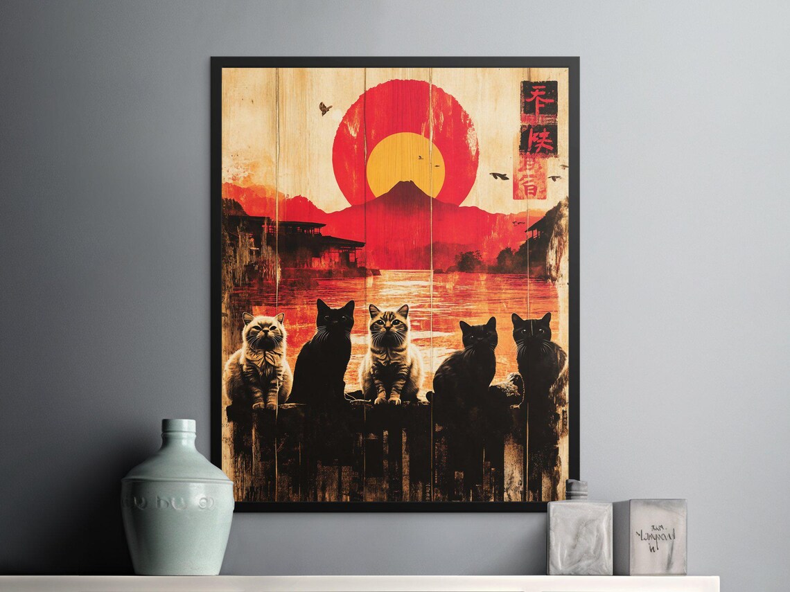 Five Cats Sunset Silhouette Red Sun Japanese Woodblock Style Art Poster