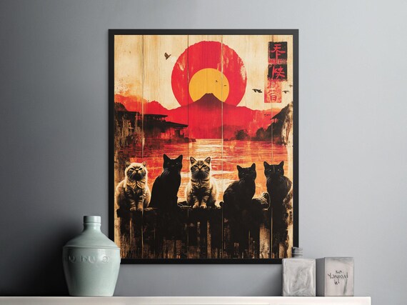 Five Cats Sunset Silhouette Red Sun Japanese Woodblock Style Art Poster