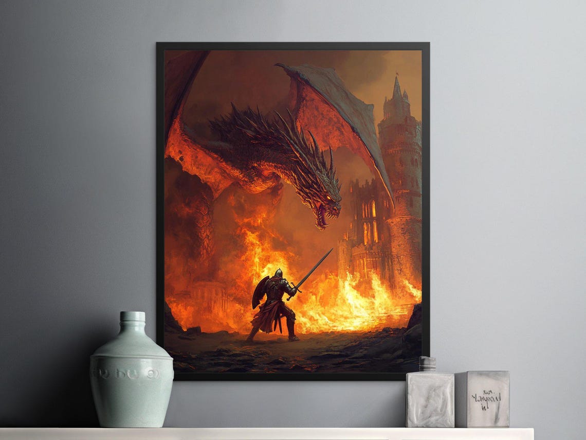 Lone Knight Facing Giant Dragon Burning Castle Dramatic Fantasy Poster - Image 2