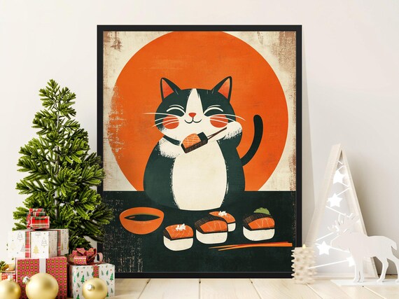 Smiling Tuxedo Cat Sushi Chopsticks Orange Rising Sun Retro Kitchen Poster