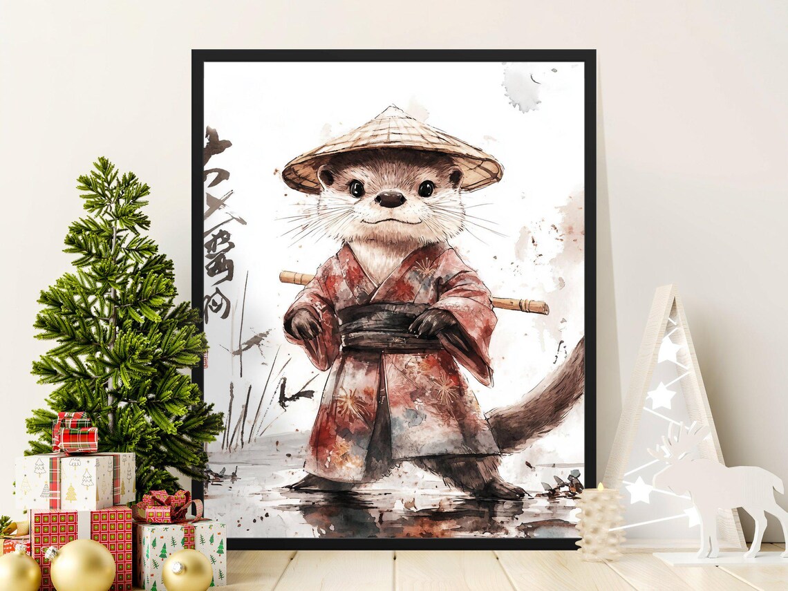 Cute Otter Samurai Kimono Straw Hat Japanese Watercolor Animal Art Poster