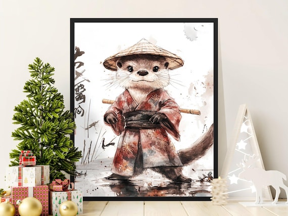 Cute Otter Samurai Kimono Straw Hat Japanese Watercolor Animal Art Poster