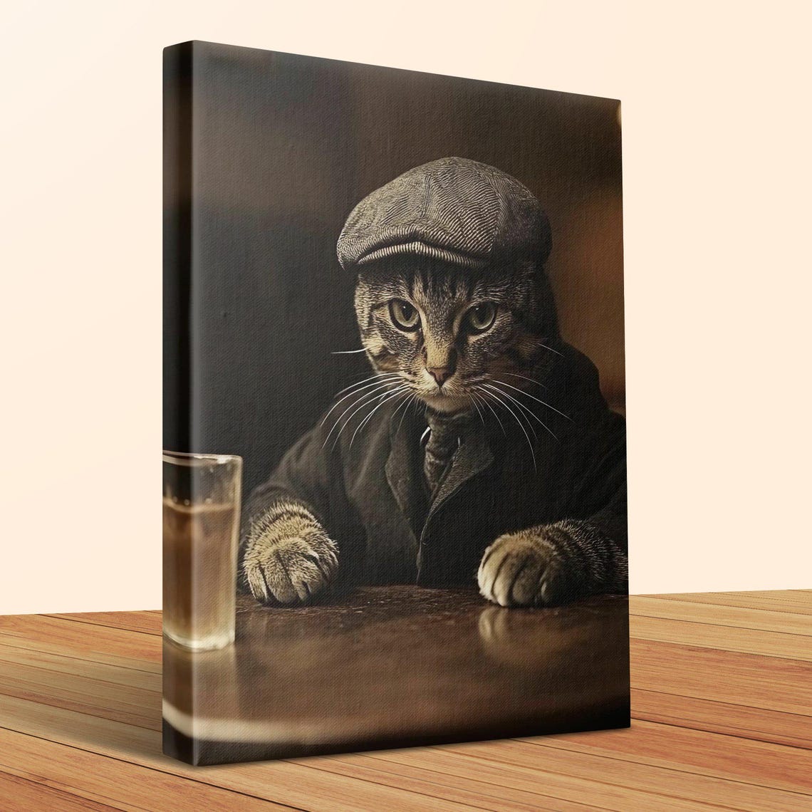 Gentleman Cat In Flat Cap Moody Bar Portrait Vintage Style Wall Art