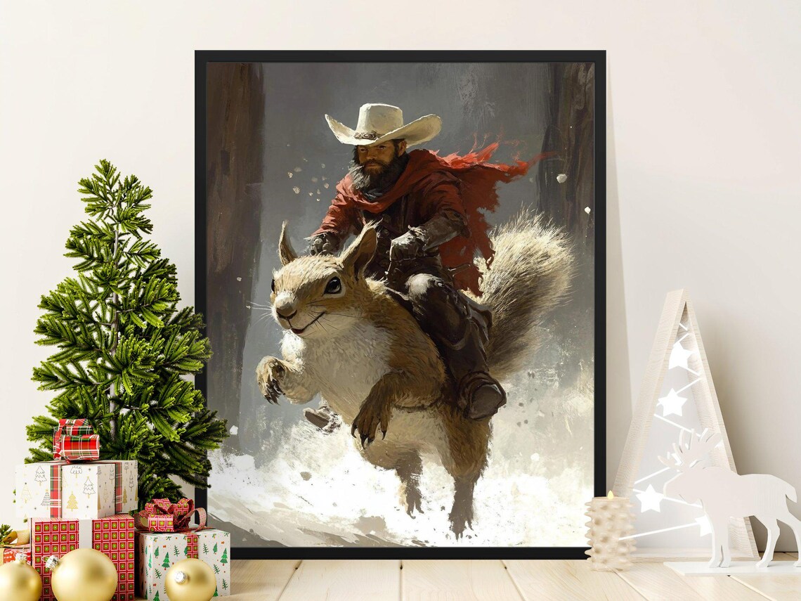 Cowboy Riding Giant Squirrel Snowy Western Fantasy Adventure Art Poster