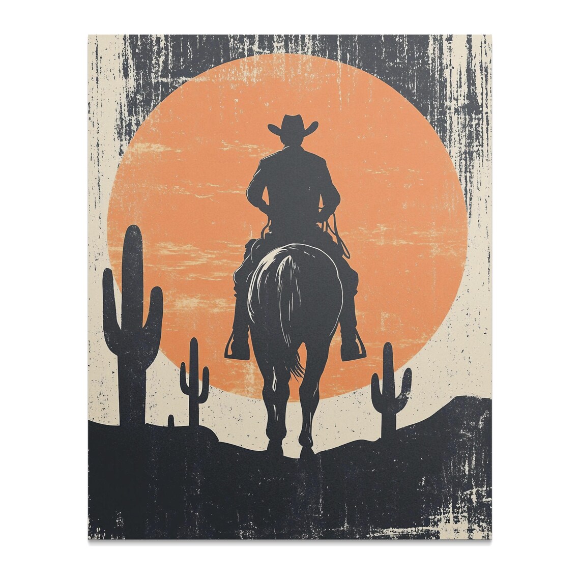 Cowboy Silhouette Riding Horse Toward Desert Sun Western Art Print - Image 2