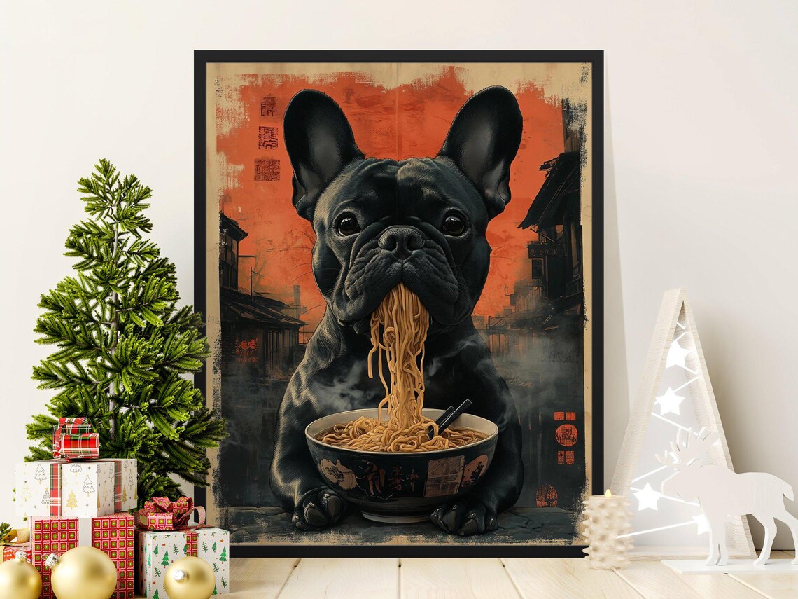 Black French Bulldog Slurping Ramen Noodles Red Sunset Art Poster