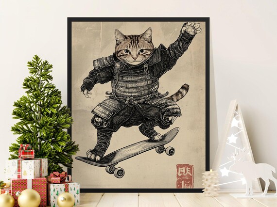 Samurai Tabby Cat Skateboard Trick Japanese Ink Style Funny Animal Poster
