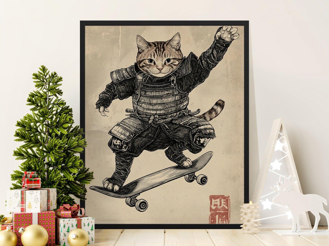 Samurai Tabby Cat Skateboard Trick Japanese Ink Style Funny Animal Poster