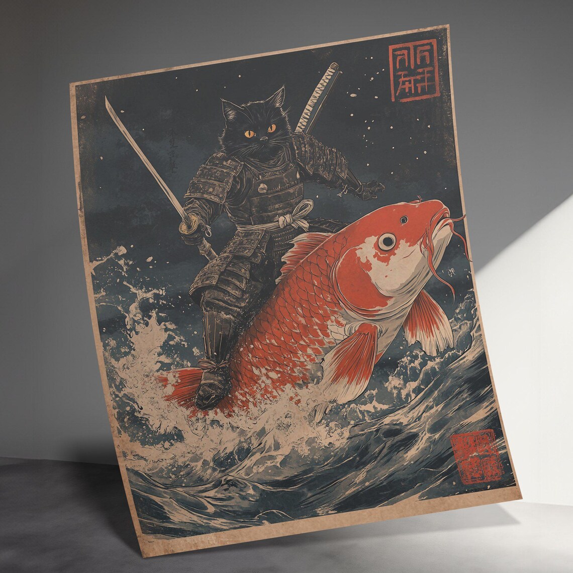 Samurai Cat Riding Giant Red Koi Fish Ocean Waves Night Warrior Art Poster - Image 3