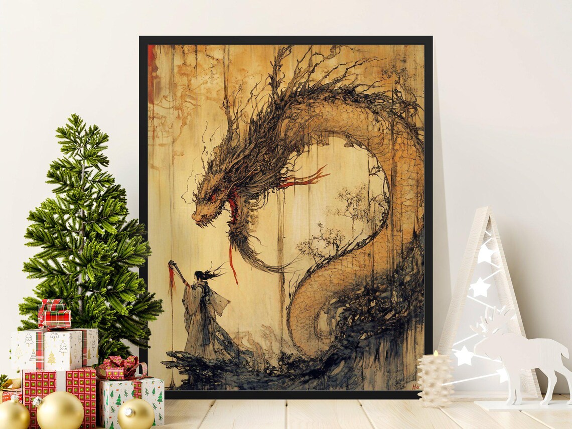 Japanese Dragon Ink Painting Woman Warrior Fantasy Wall Art Poster