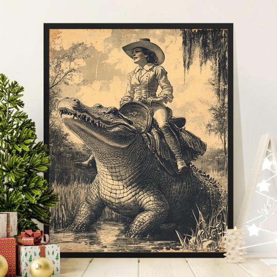 Vintage Wild West Cowgirl Riding Alligator Poster Retro Western Art Print Unique Rustic Home Wall Decor Old West Adventure Poster