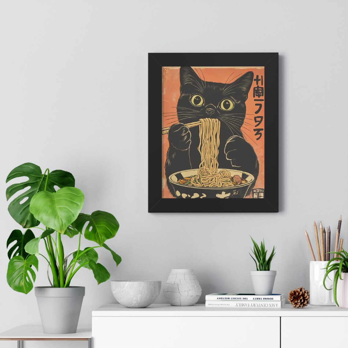 Black Cat Eating Ramen Ukiyo-e Style Japanese Cat Lover Kitchen Wall Art