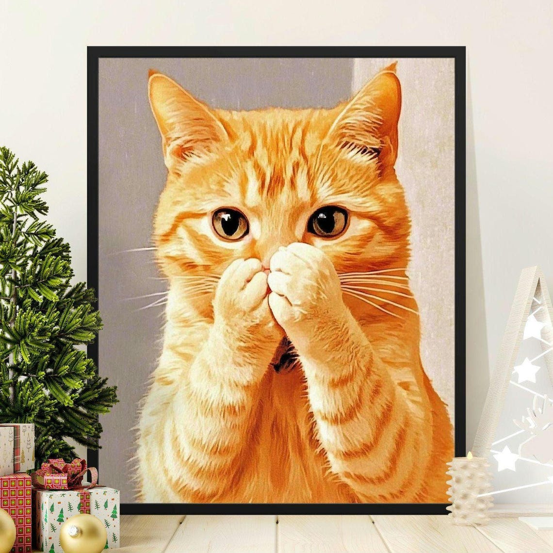 Orange Tabby Cat Paws Over Mouth Guilty Kitten Portrait Wall Poster