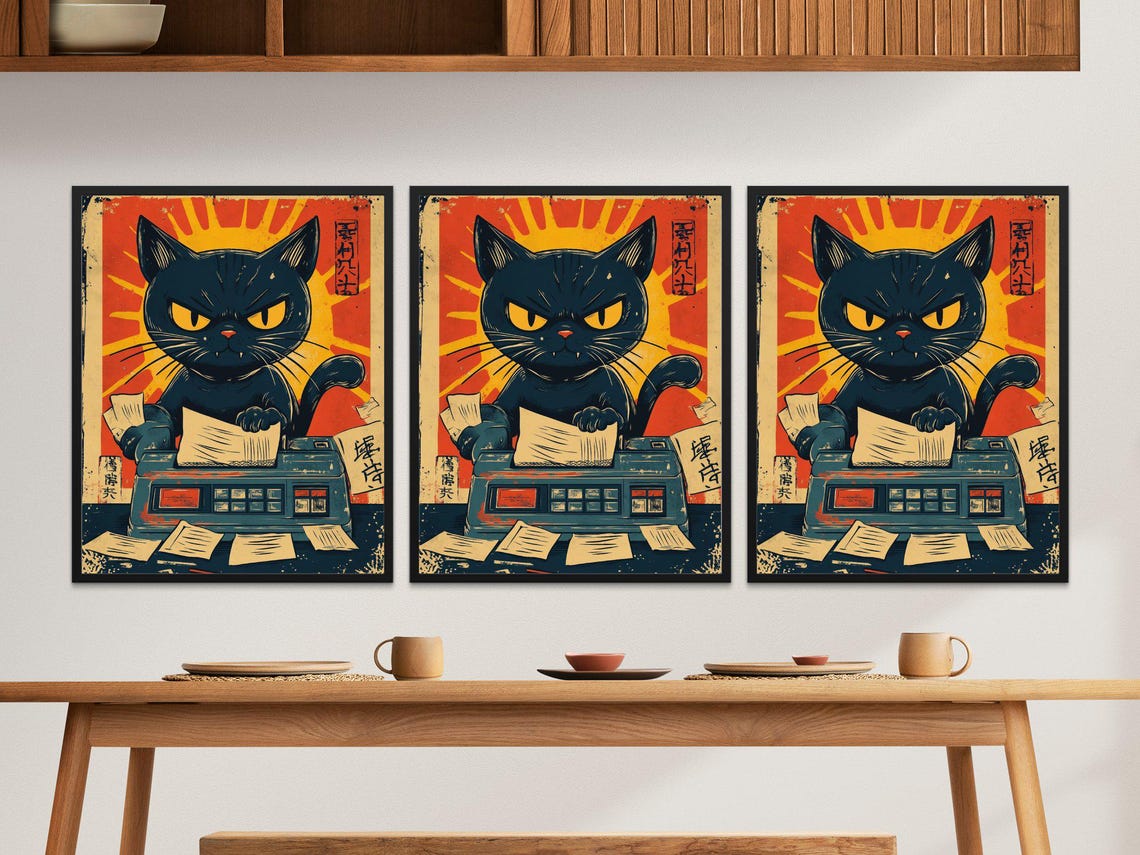 Angry Cat Smashing Printer Office Rage Retro Japanese Style Poster - Image 2