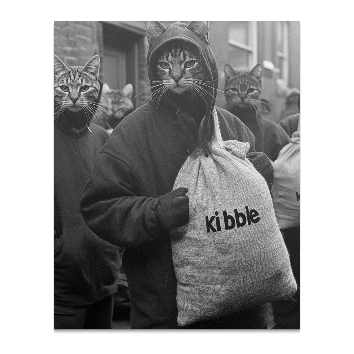 Cat Gang Stealing Kibble Sack Hoodie Cats Funny Black White Photo Poster - Image 2