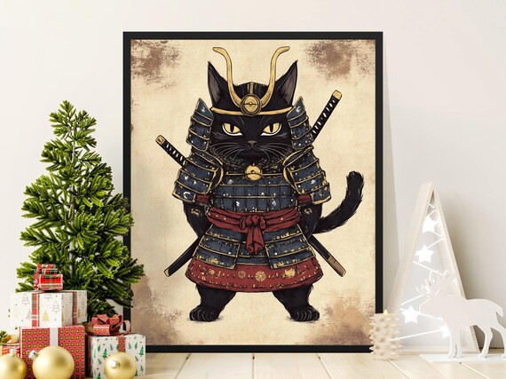 Black Cat Samurai in Full Armor Horned Helmet Vintage Japan Poster