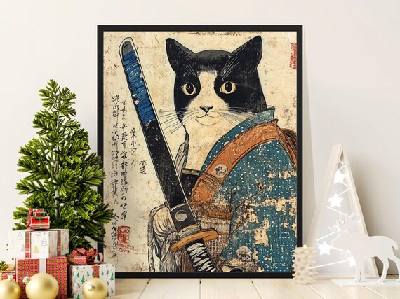 Tuxedo Samurai Cat With Katana Japanese Woodblock Vintage Style Poster
