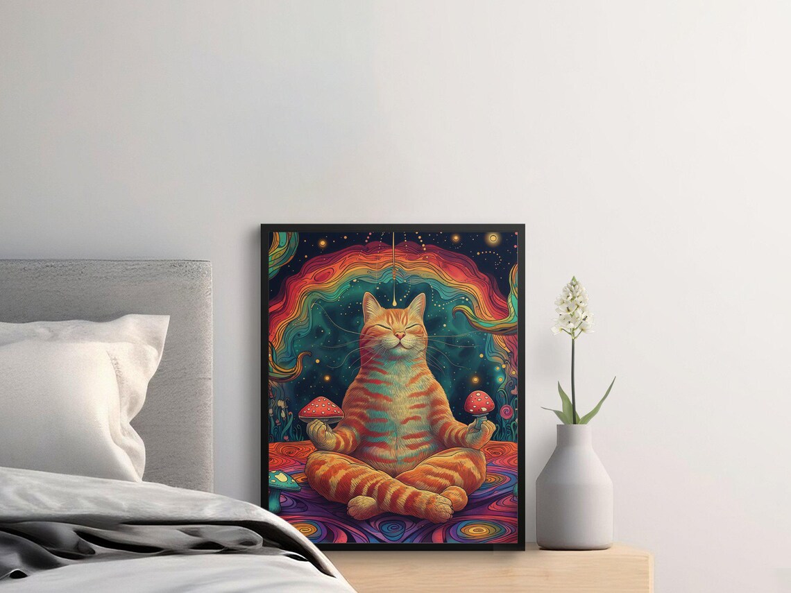 Meditating Orange Cat With Mushrooms Psychedelic Rainbow Art Poster - Image 2
