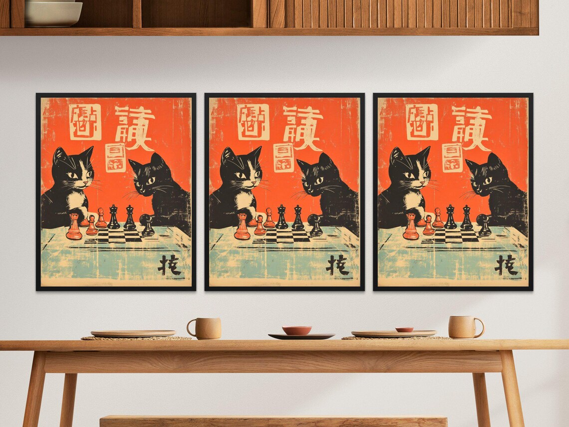 Vintage Chess Cats Retro Art Print, Mid Century - Image 2