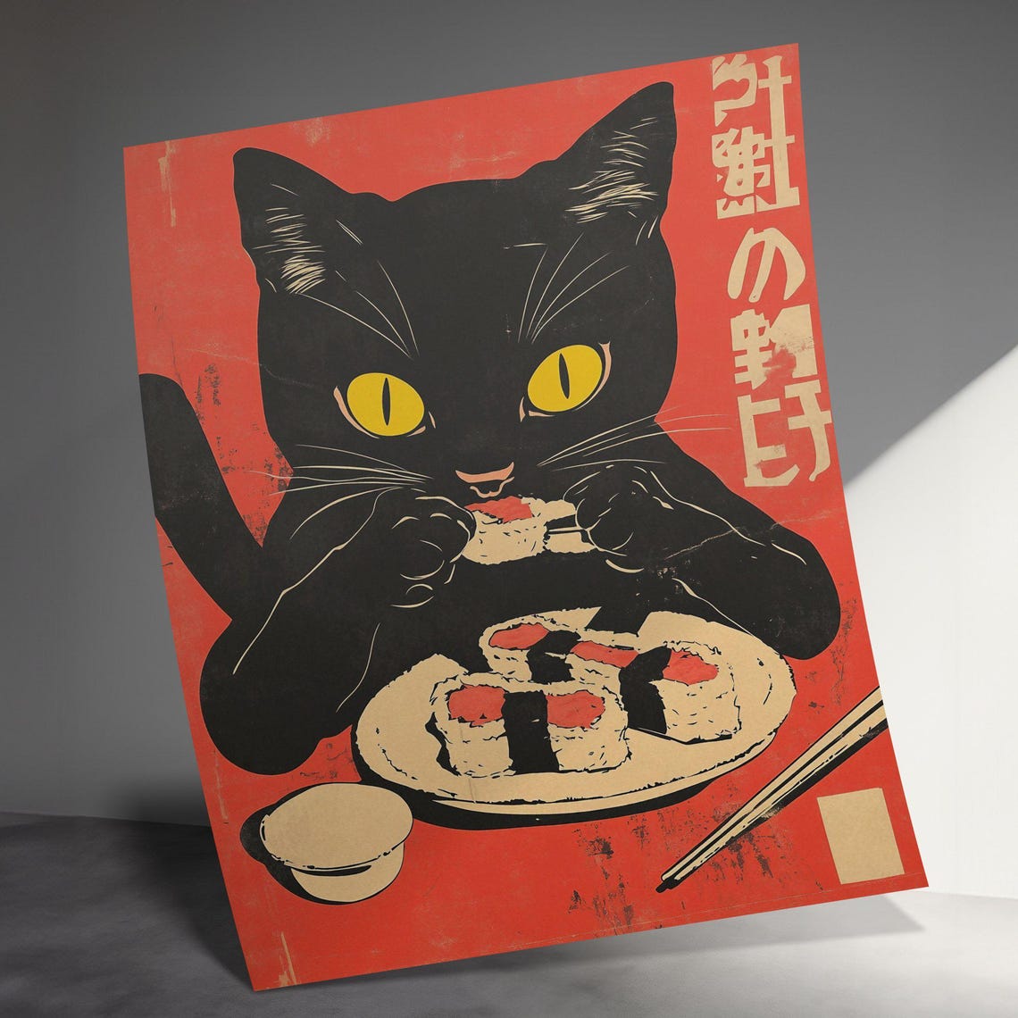 Black Cat Feasting on Sushi Rolls Bold Red Japanese Kitchen Poster - Image 3