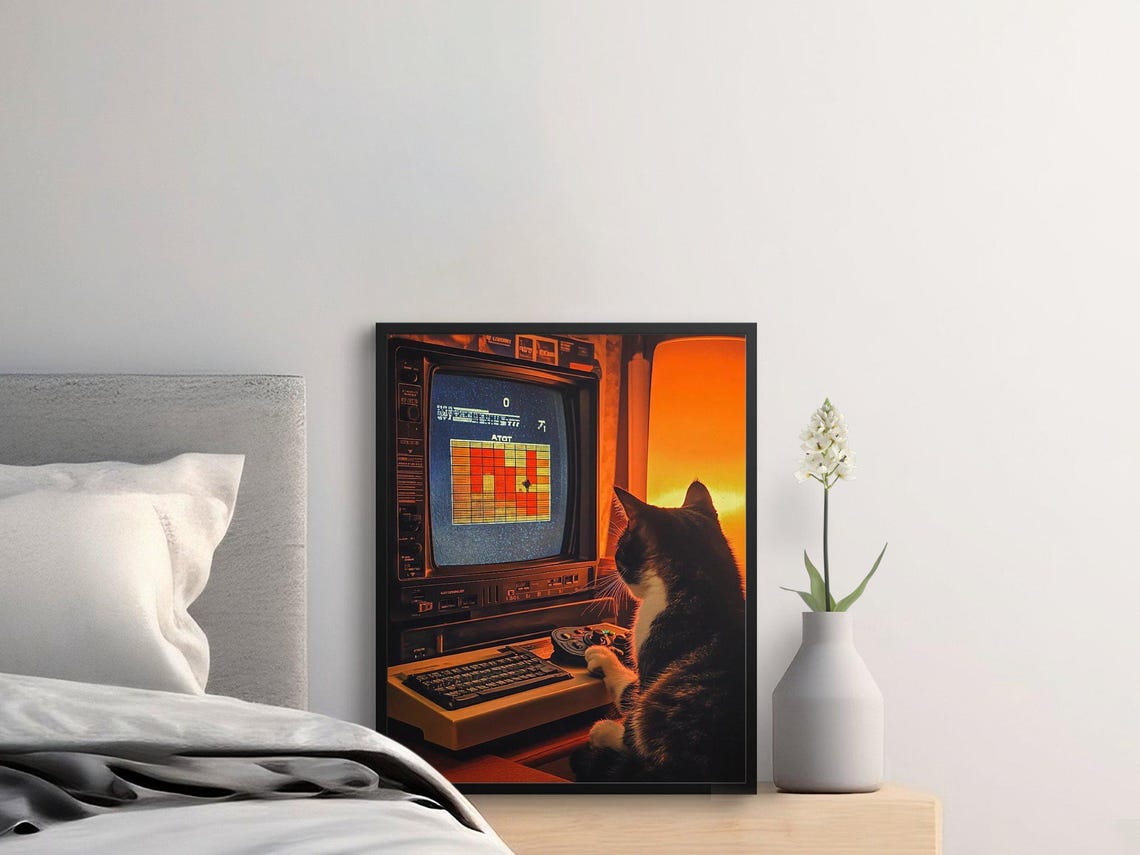 Retro Cat Playing Arcade Video Game Vintage Gamer Room Decor Poster - Image 2