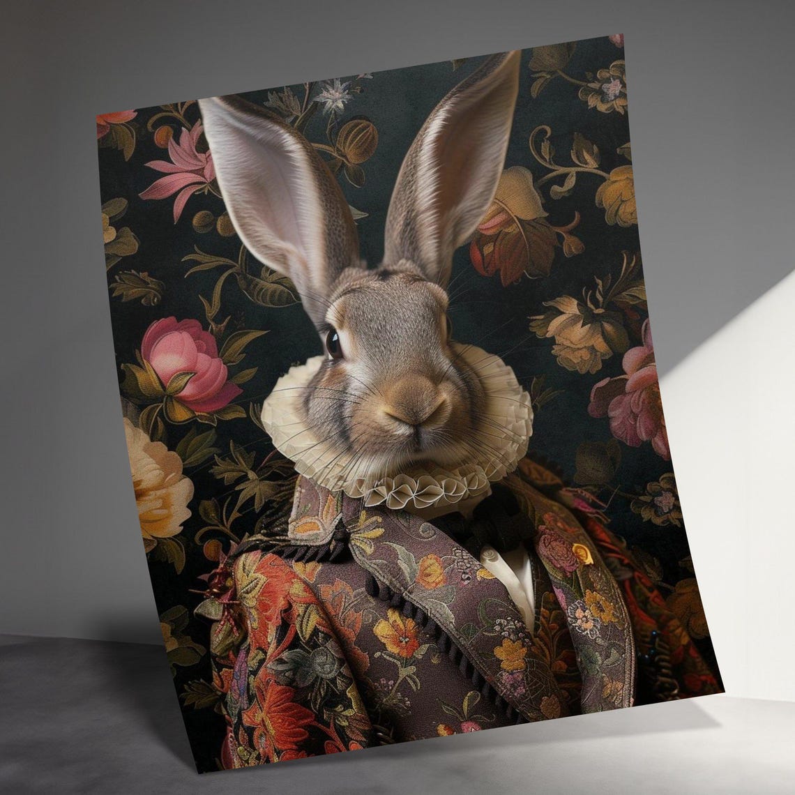 Regal Rabbit Renaissance Portrait Floral Brocade Art Whimsical Poster - Image 3