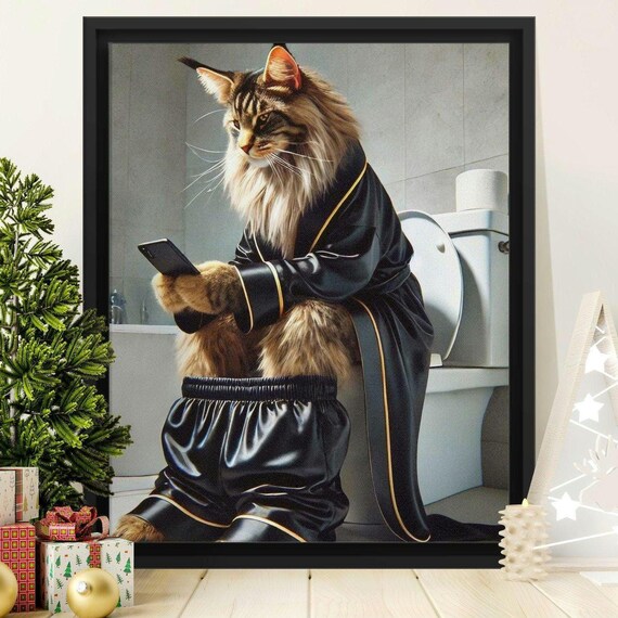 Maine Coon Cat in a Bathrobe on the Toilet Scrolling Phone Wall Art