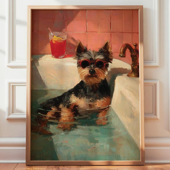 Playful Yorkie Dog Art Print Funny Bathroom Dogs Drinking Poster Printables Oil Painting Lover Wall Decor
