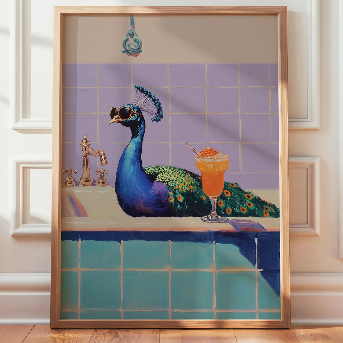 Peacock in Bathtub Art Print, Bathroom Wall Decor