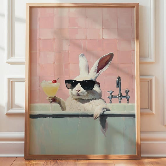 Rabbit In Bathtub Art Print Funny Bunny With Cocktail Poster Quirky Bathroom Wall Relaxing Spa Illustration
